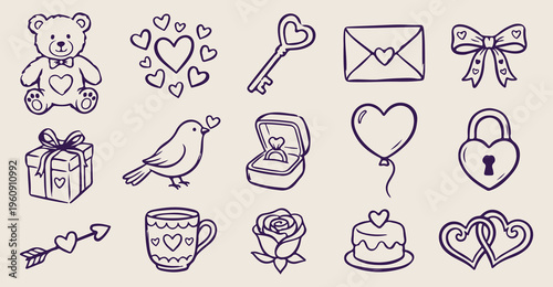 Love engagement icons, wedding ring proposal, heart envelope sketch, romantic bird doodles, marriage celebration symbols, sweet valentine elements, bridal shower graphics

