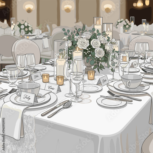 Elegant wedding reception table setting with white roses, greenery, candles, and fine dinnerware in a formal banquet hall.