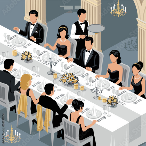 Elegant formal dinner party with guests in black tie attire seated at a long banquet table adorned with floral centerpieces and chandeliers.