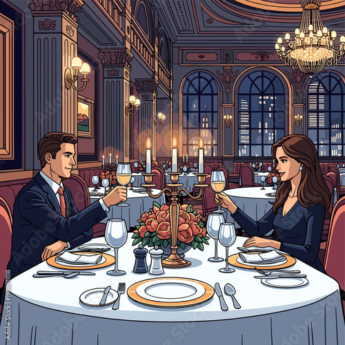 A couple enjoys a romantic dinner date in an elegant, dimly lit restaurant with chandeliers and city views.