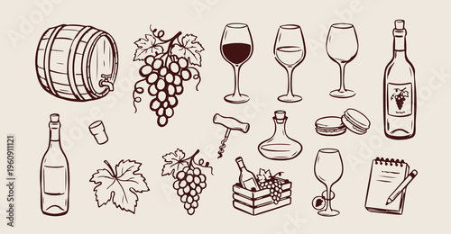 Wine tasting vineyard doodles, hand drawn grape and glass, luxury winery tour sketches, sommelier tool corkscrew icons, alcohol beverage bottle elements, happy hour drinks stickers, cellar bar menu li