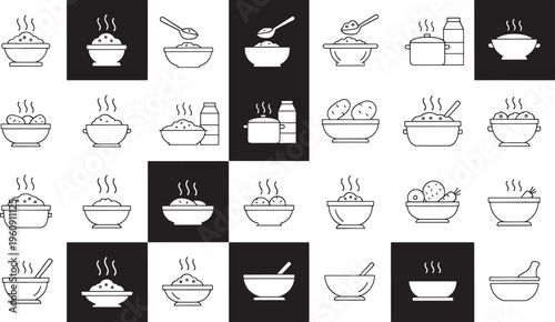 Collection of black and white line representing food and cooking bowls pots milk