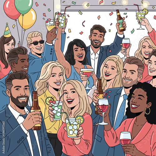 A diverse group of friends and colleagues celebrating a special occasion with drinks and confetti.