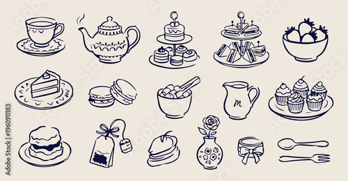 Afternoon tea party doodles, hand drawn teapot and treats, vintage english cafe sketches, bakery dessert pastry icons, cozy kitchen brunch elements, sweet macaron and scone, tea time sticker set