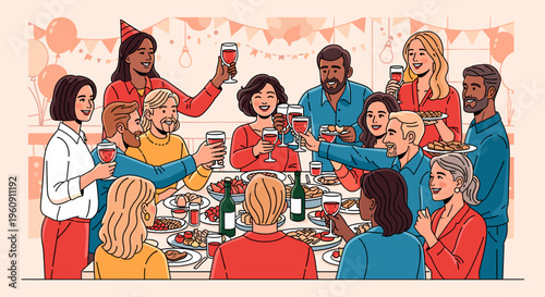 A diverse group of happy friends and family members celebrating together around a festive dining table, toasting with red wine at a lively party.