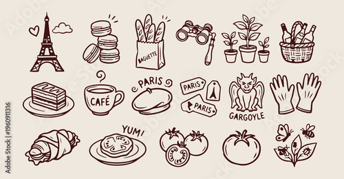 Morning coffee and breakfast doodles, hand drawn pancake and bean sketches, cozy cafe brunch icons, barista specialty coffee elements, whimsical kitchen cooking clip art, breakfast club sticker set, c