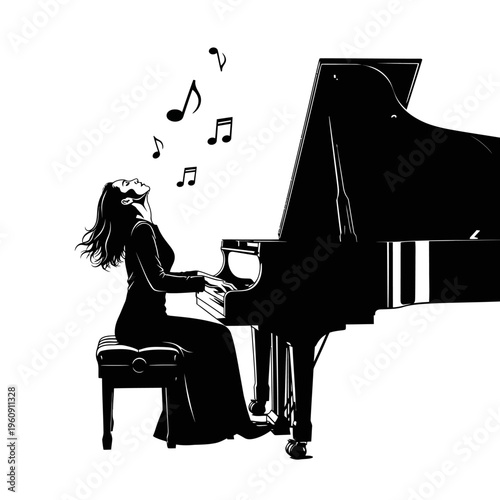 Woman Playing Grand Piano Silhouette Music.
