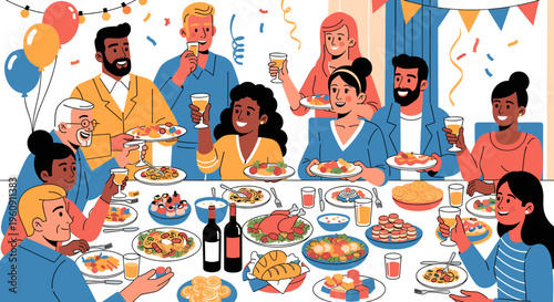 A diverse group of happy people celebrating a festive occasion around a large table filled with various delicious food and drinks.