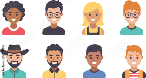 Diverse people avatar icons set, flat character faces collection for profile design
