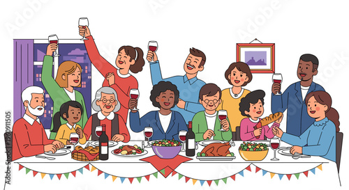 A large, diverse family gathers around a dining table, celebrating a festive meal with food and drinks, raising glasses in a joyful toast.