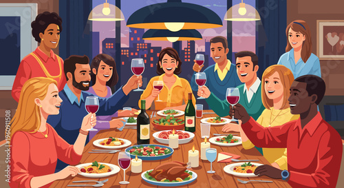 A diverse group of happy friends and family gathered around a dining table, toasting with red wine during a festive dinner party.