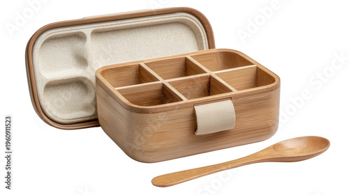Eco-friendly bamboo lunch box with compartments background isolated on a Transparent background, PNG file.