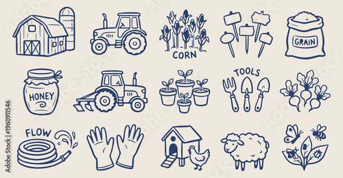Farmer life tractor doodles, hand drawn agriculture field sketches, organic farm to table icons, country homesteading lifestyle elements, whimsical rural harvest clip art, vegetable garden planting st