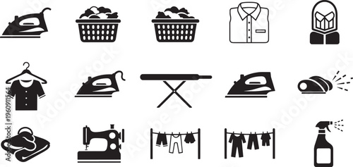 Collection of black and white representing laundry and cleaning tasks iron ironing board clothes basket