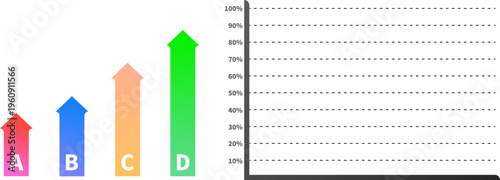 AからDへ段階的に成長するカラフルな上昇矢印グラフとパフォーマンス比較を表現したビジネス分析コンセプトイラスト