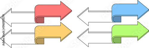 左右に分岐して進行方向を示すカラフルな矢印フローチャートと意思決定プロセスを表現したビジネス概念イラスト