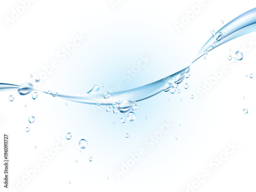 透明感あふれる水の流れと気泡が美しい清涼感あるウェーブデザイン背景、化粧品やヘルスケア広告に最適なクリーンイメージ