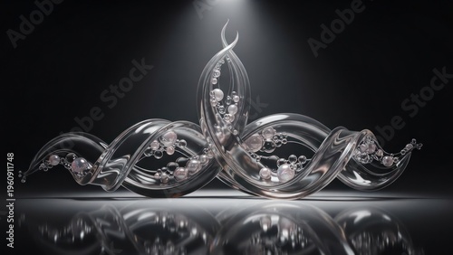 Abstract glass sculpture with bubbles and reflections on dark backdrop