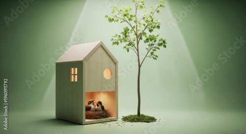 Miniature house and tree scene illuminated by overhead light on green background