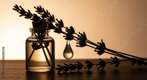 Lavender essential oil with branch and drop health and wellness concept