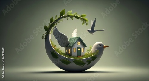 Abstract illustration of a bird carrying a house nature and flight concept