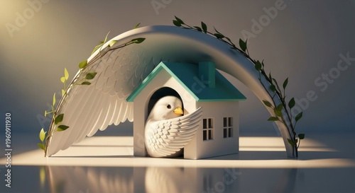 Charming bird in a miniature house with angel wings and leaves illustration