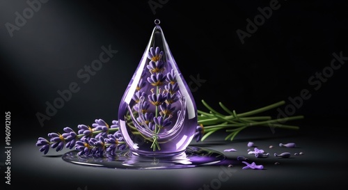 Elegant lavender floral arrangement with water drop shape against dark background