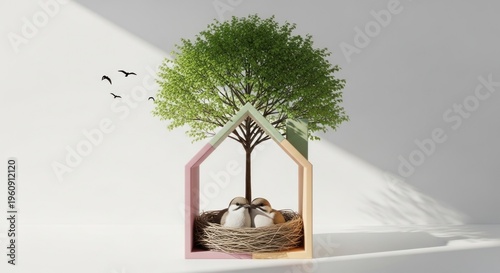 Conceptual image of home and nature featuring tree birds and nest