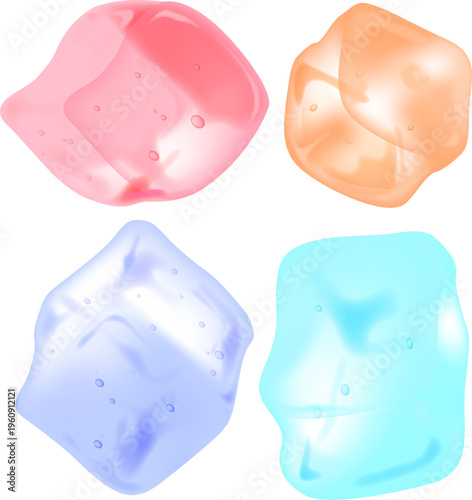 透明感のあるカラフルジェルと氷のような質感の抽象オブジェクトセット｜水滴と光沢が美しいソフトマテリアル背景素材