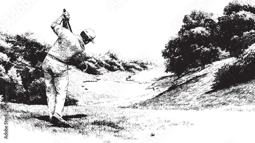 A vector illustration of a person playing golf on a golf course. This vector illustration can be used in any size you like for advertising, logos, and other work.