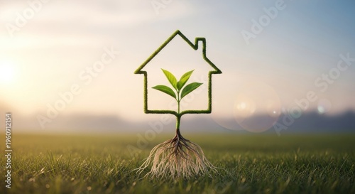 Eco friendly house symbol with growing plant representing sustainability