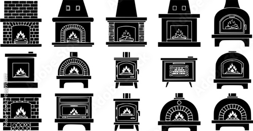 Diverse Fireplace and Home Oven Collection - Rustic Brick and Modern Interior Heating Vector Set