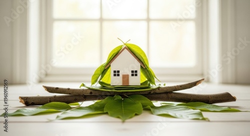 Miniature house with green leaves representing nature and environment concept