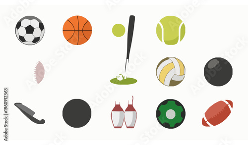 Sports Ball Icons Set with Soccer Basketball Tennis and Golf Balls Clean Vector Collection