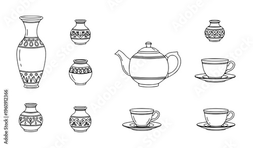 Antique Vase and Tea Set Linear Icons Collection Vintage Outline Vector Illustration
