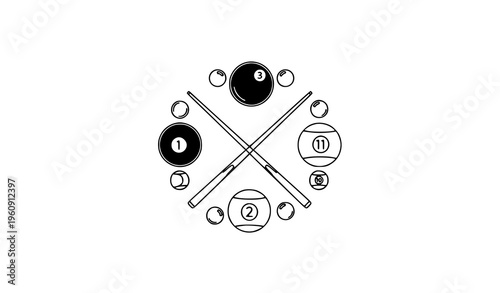 Minimal Billiard Balls and Cue Outline Icon in Circular Layout Clean Pool Vector Design