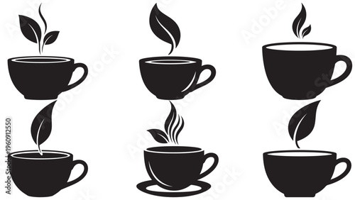 Elegant black silhouette vector icons collection of hot teacups with natural leaves and rising steam, symbolizing organic herbal drinks and healthy beverages.