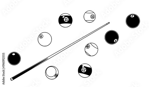 Dynamic Billiard Balls and Cue Icon Collection Modern Pool Equipment Vector Illustration