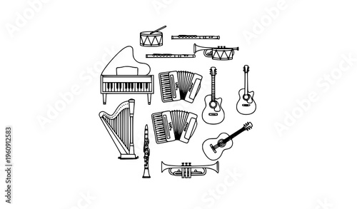 Minimal Musical Instrument Outline Icons in Circular Layout Piano Guitar and Drum Vector Set