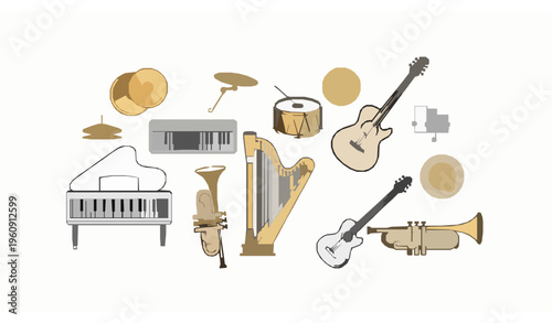 Musical Instrument Icons Collection in Dynamic Layout with Piano Keyboard Drum Harp Vector