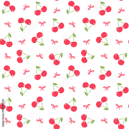 Seamless pattern with red cherries and pink bows. Summer fruit design for textiles and nursery.