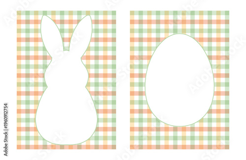 Easter cards template with bunny and egg silhouettes on green and peach gingham background, vector.