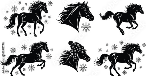 A festive collection of black horse silhouettes in dynamic running and galloping poses decorated with snowflakes and a winter hat for Christmas seasonal designs.