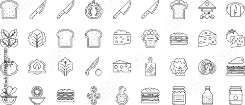 Collection of line depicting food ingredients and kitchen tools