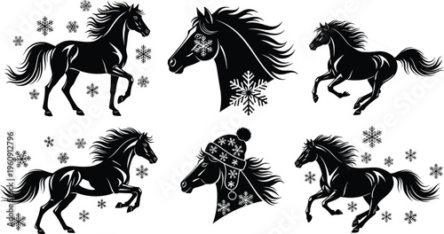A seasonal collection of black horse silhouettes in galloping and jumping poses featuring decorative snowflakes and winter hats for holiday themed graphic design projects.