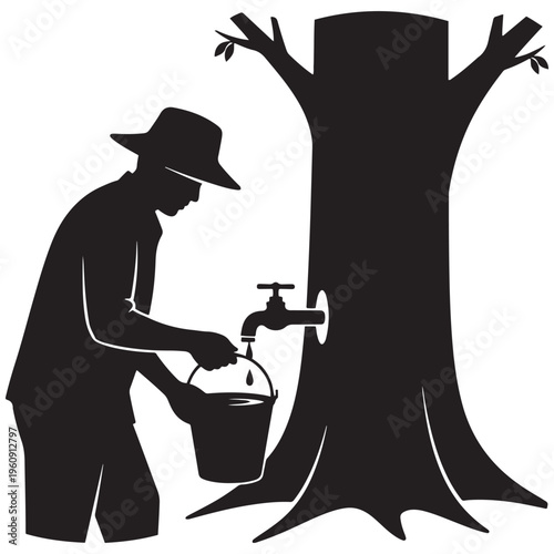 Silhouette of a man collecting fresh water from a magical tree tap into a bucket, symbolizing nature's bounty and sustainable resource management.