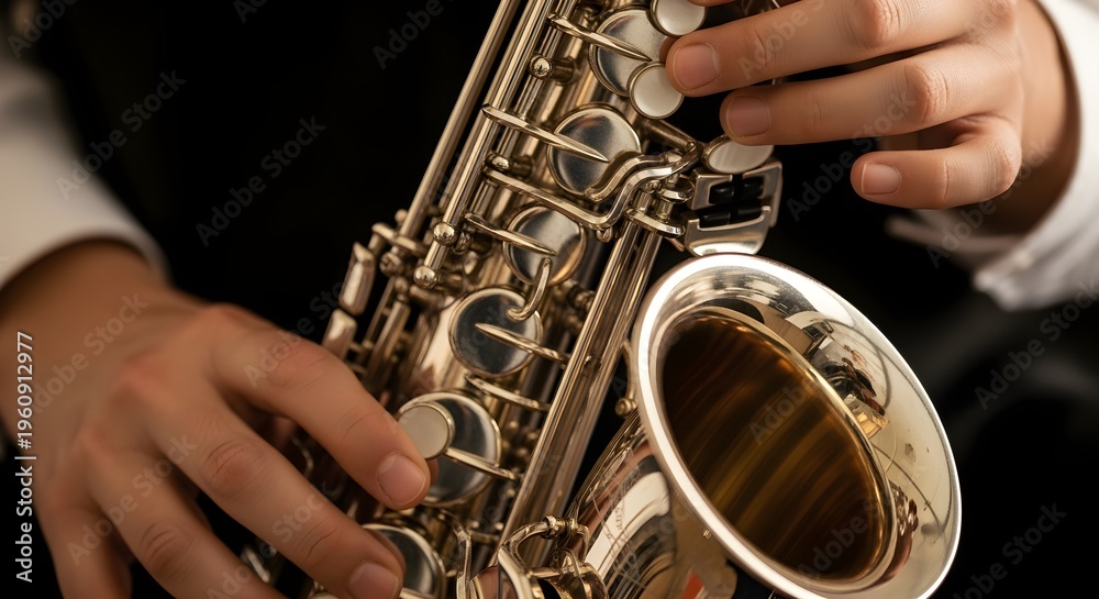 Obraz premium A close-up of hands playing a saxophone, fingers moving on the keys.