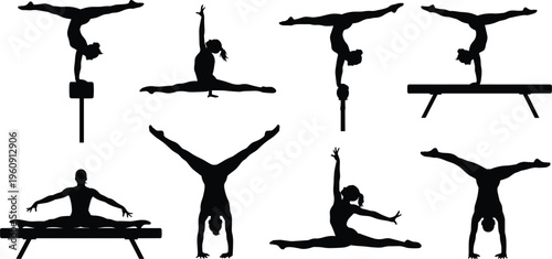 A comprehensive collection of black female gymnast silhouettes performing various professional artistic gymnastics poses including handstands, splits, and balance beam routines on a white background.