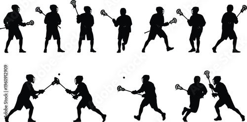 A comprehensive collection of black silhouettes featuring male lacrosse players in various dynamic action poses including running, passing, catching, and shooting with sticks and helmets.