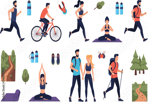 Flat Vector Illustration Set of People Engaging in Outdoor Activities Including Running, Cycling, Yoga, Hiking, and Nordic Walking for Healthy Lifestyle Designs